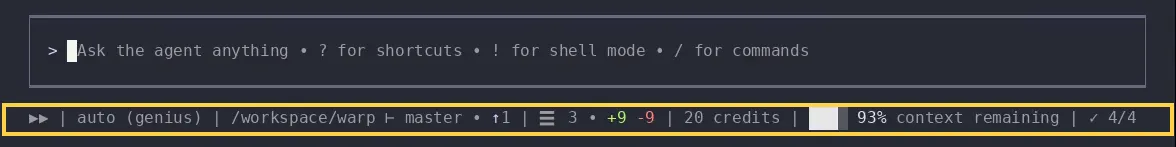 The Warp Agent CLI statusline showing the auto-approve, model, working directory, Git branch status, Git diff status, credit usage, context window usage, and agent to-do list chips