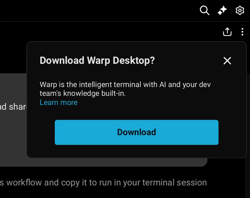 Popup prompting to download Warp Desktop when viewing a Drive object on the web